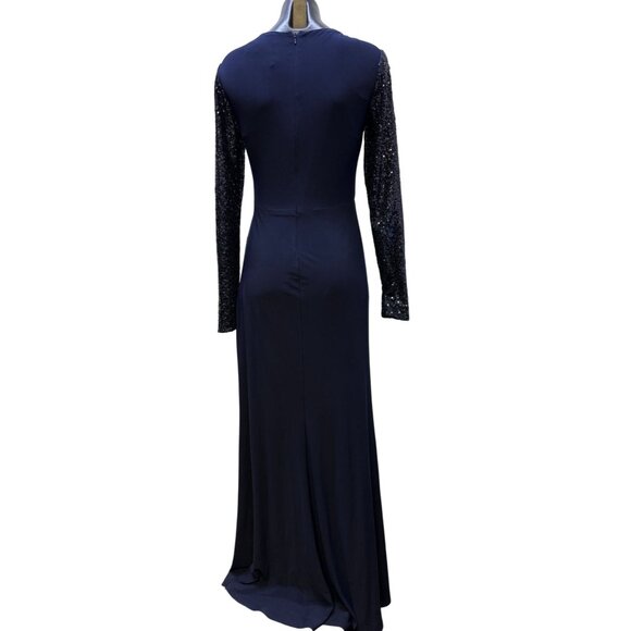 Eliza J Navy Long Formal Gown With Sequined Sleeves & Surplice Neckline Size 6 - Picture 2 of 8